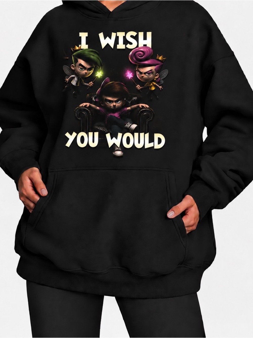 Gildan Black Hoodie with Colorful Character Graphic and 'I Wish You Would' Text